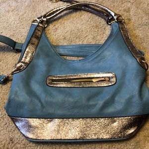 Sky blue with champagne bronze sparkle purse